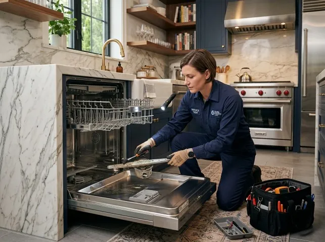 Appliance Repair Hero technician servicing a built-in dishwasher in a Boyds, MD kitchen