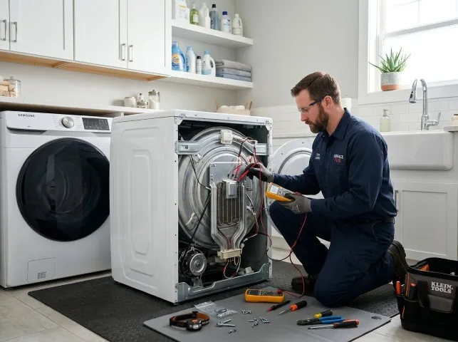 Appliance Repair Hero technician checking a dryer heating element with the rear panel off in Boyds, MD
