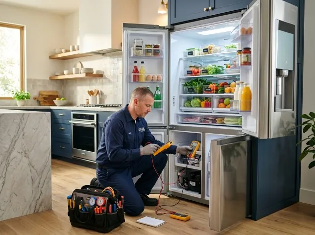 Appliance Repair Hero refrigerator technician testing a fridge on a Boyds, MD service call