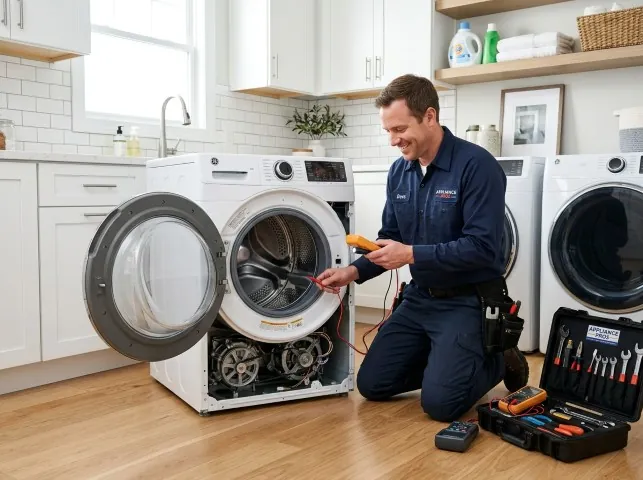 Appliance Repair Hero technician testing a front-load washer with a multimeter on a Boyds, MD service call